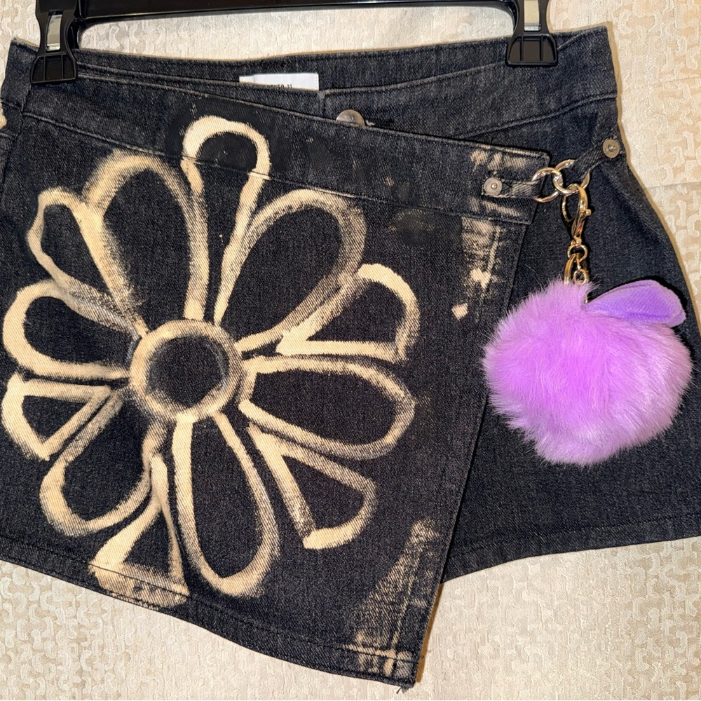 Forever 21 Black Denim Skort with Floral Embellishment Bleached design